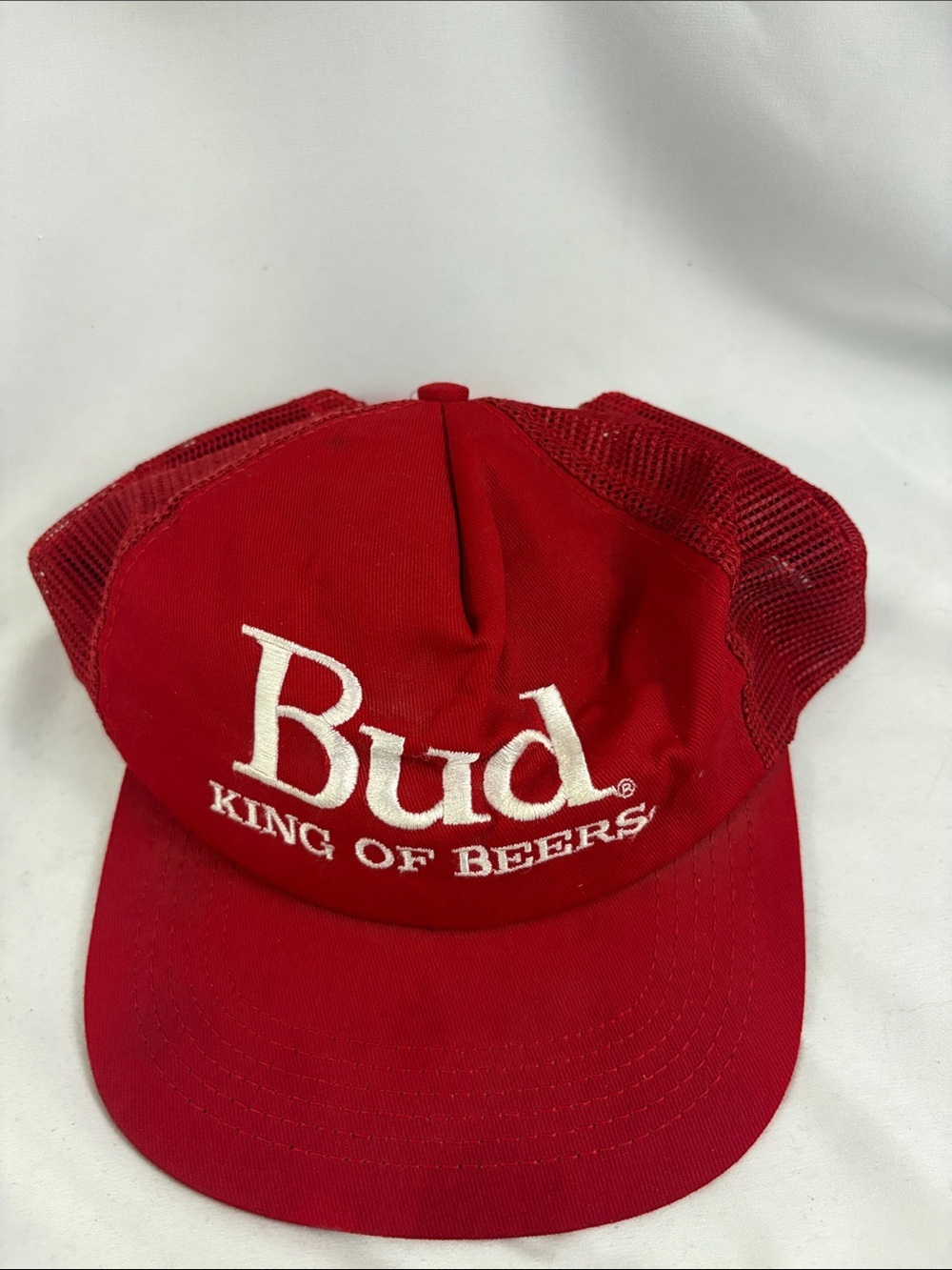 Vintage Budweiser Bud King of Beers Snapback Trucker Hat Mesh Red